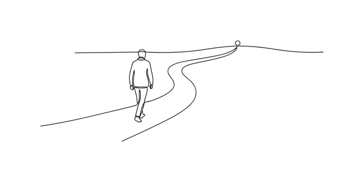 Spiritual Path. Minimalistic one-line drawing person walking toward distant light along curving trail, continuous single black line on white background, simple
