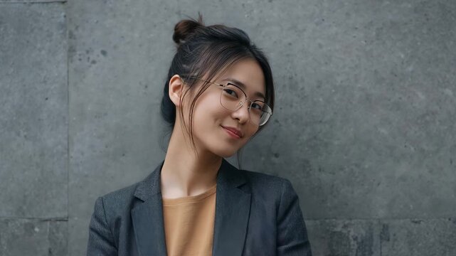 石壁の前で日本人女性がボストン眼鏡を整えるビジネス