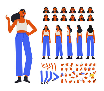 Modern flat vector female character kit with full body illustration, turnaround views, facial expressions, hand gestures and pose elements. Minimal clean style for animation, UI, UX and design systems