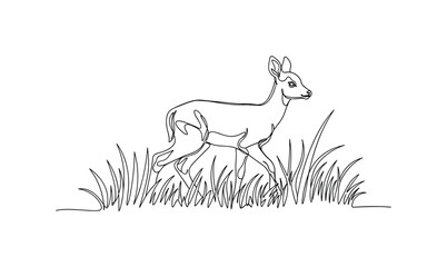 Naklejka premium Fawn Walking. Minimalistic one-line drawing baby deer walking through tall grass, continuous single black line on white background, simple outline style, no
