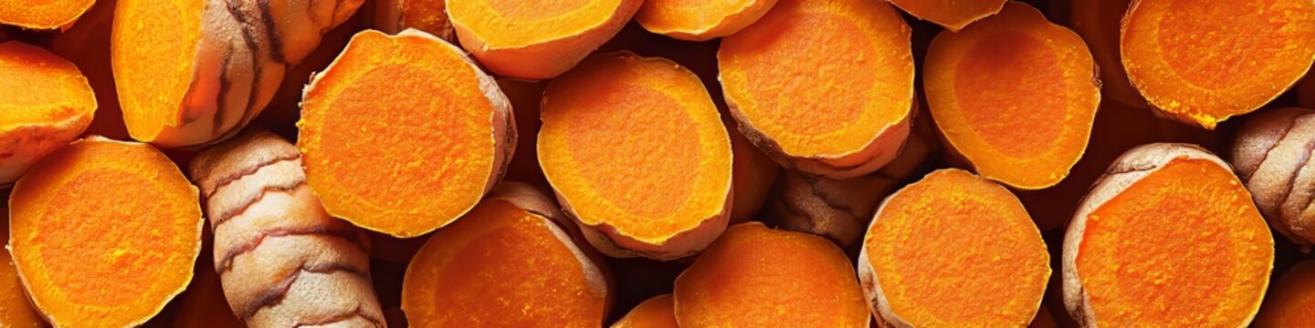 Vibrant Fresh Turmeric Slices and Aromatic Curcumin Roots on a Seamless Natural Background