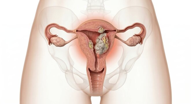 Medical visualization of endometrial carcinoma showing an irregular tumor mass in the uterine body and slight myometrial invasion inside a ghostly pelvic contour for clinical diagnostic illustration