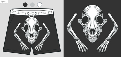 Streetwear shorts mockup with dog skull graphic, animal skeleton pattern, hand drawn illustration for fashion textile, beachwear clothing design and print ready artwork © kirkchai