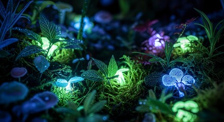 Fototapeta premium Glowing flora in a mystical forest, vibrant colors.