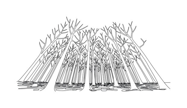 Wilderness Shadows. Minimalistic one-line drawing dense trees creating dark pattern on ground, continuous single black line on white background, simple outline