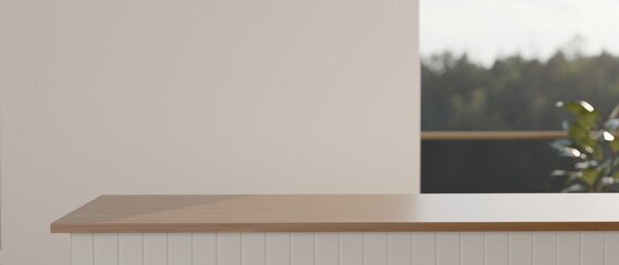 Wood log podium for product display with blurred camping tent and green forest background © PKdecor