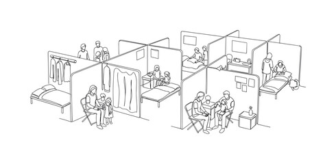 Fototapeta premium Emergency Housing. Minimalistic one-line drawing families inside temporary center, continuous single black line on white background, simple outline style, no