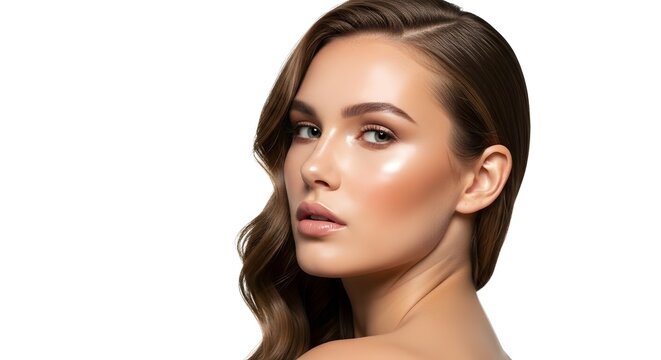 Beautiful Woman with Glowing Skin and Makeup on White Background