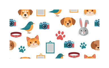 Fototapeta premium animal portrait icons seamless pattern, repeating pattern, surface design, textile print, modern illustration of dogs, cats, rabbits, birds, cameras, photo