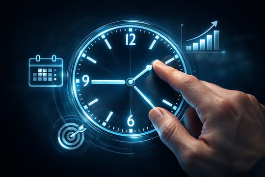 hand adjusting glowing clock with business and productivity icons