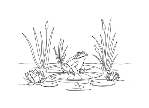 Water Garden Frog. Minimalistic one-line drawing frog sitting on floating pad surrounded by pond plants, continuous single black line on white background,