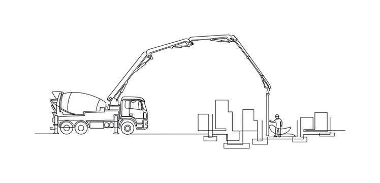 Concrete Pumping Scene. Minimalistic one-line drawing pump truck with hose delivering concrete to site, continuous single black line on white background,