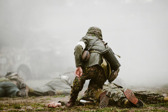 Historical reenactment of World War II, the fight between the Nazis and the Poles.