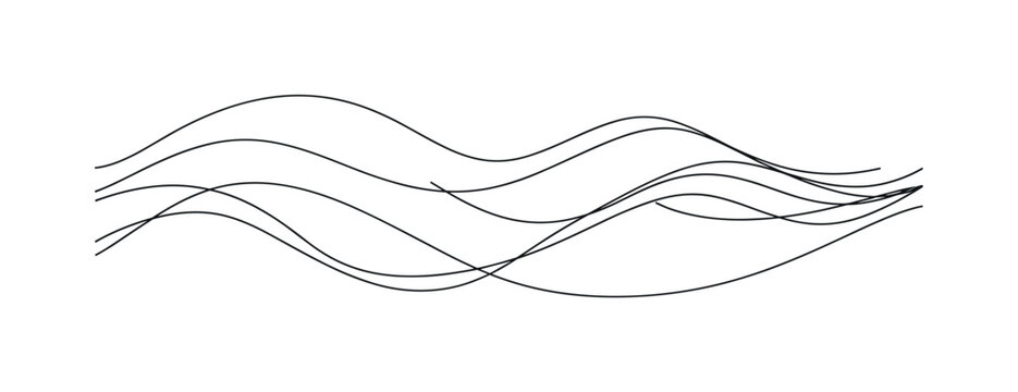 Abstract Waves. Minimalistic one-line drawing gentle wave-like lines and curves, continuous single black line on white background, simple outline style, no