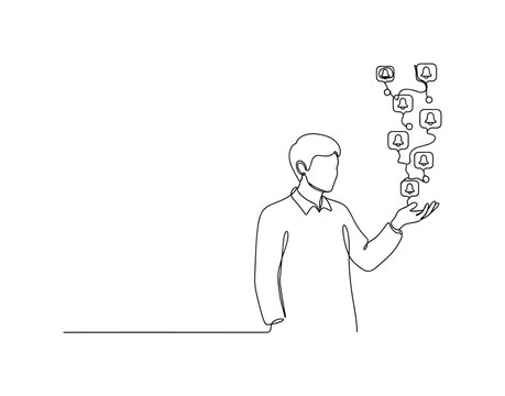 Recurring Access Flow. Minimalistic one-line drawing person receiving access notifications for subscription, continuous single black line on white background,