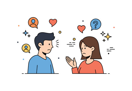 Emotional risks interpersonal scene where a person hesitates to express feelings to a friend while small sparkle and line icons emphasize vulnerability,