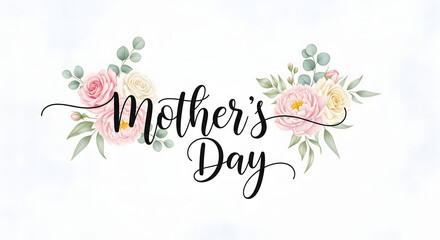 Obraz premium Mothers Day floral greeting card design with pink white roses and green leaves transparent background