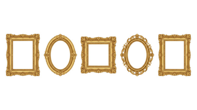 Collection of ornate golden picture frames in various shapes and sizes on a white background