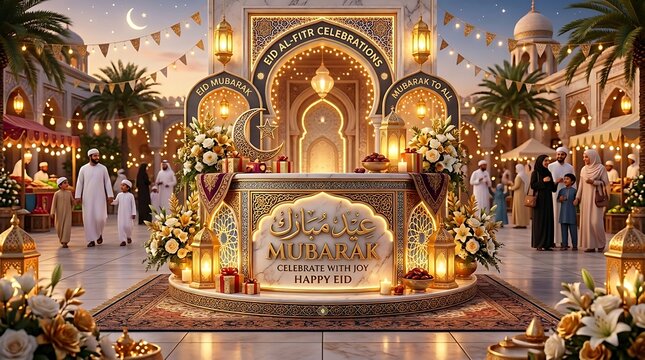 Eid mubarak celebration scene with decorations and people festive gathering