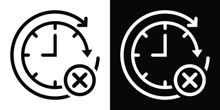 Time failure or cancellation icon showing a clock with a circular arrow and an "X" mark. Ideal for representing missed deadlines, expired time, or cancelled recurring appointments.