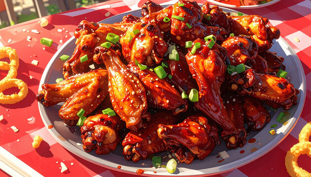 Savor a platter of glazed BBQ chicken wings topped with sesame seeds and fresh scallions on a picnic table. Vibrant imagery perfect for menus, food blogs, and summer party themes.
