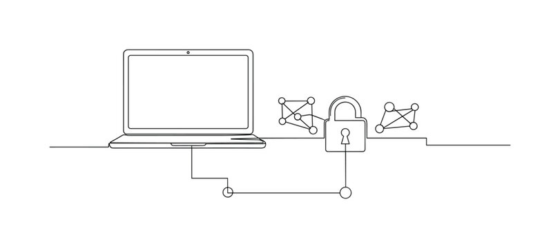 Virtual Private Network. Minimalistic one-line drawing laptop connected securely with padlock and network lines, continuous single black line on