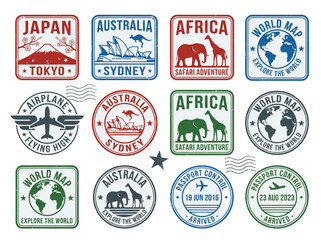 Collection of travel stamps for various global destinations including Tokyo, Sydney, and Africa, with passport control and airplane motifs © Tom
