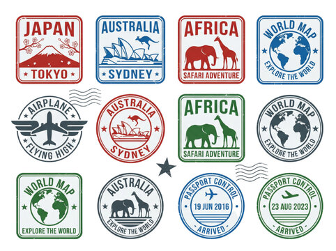 Collection of travel stamps for various global destinations including Tokyo, Sydney, and Africa, with passport control and airplane motifs