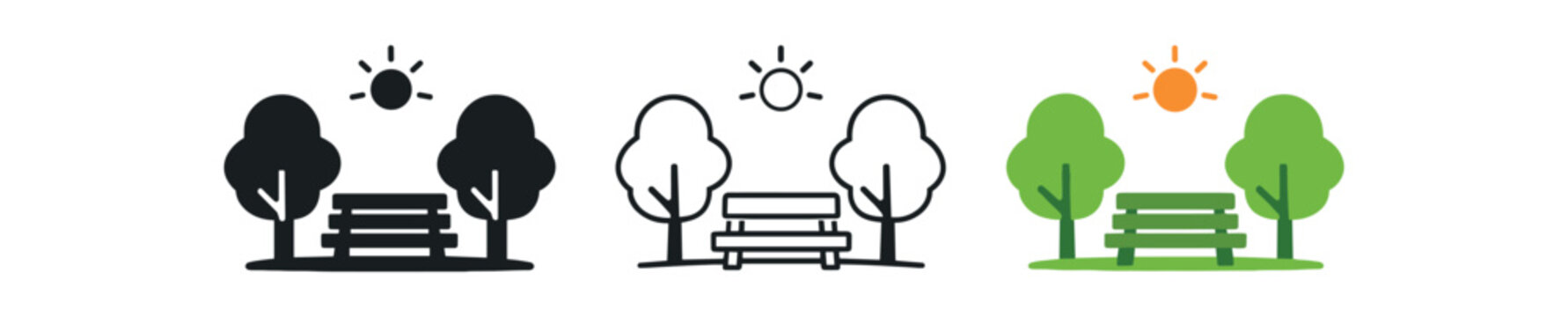 Park bench with trees and sun icon set. outdoor, nature, relaxation, picnic, landscape, recreation. line, flat and colored vector icon set.