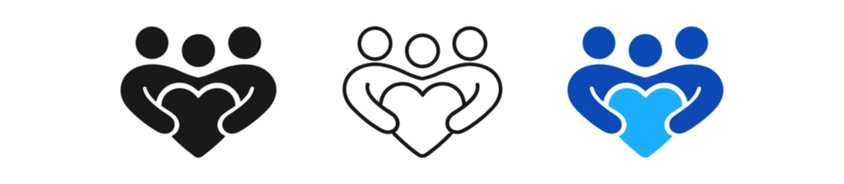 Group hugging heart icon set. community, care, love, support, family, unity. line, flat and colored vector icon set.