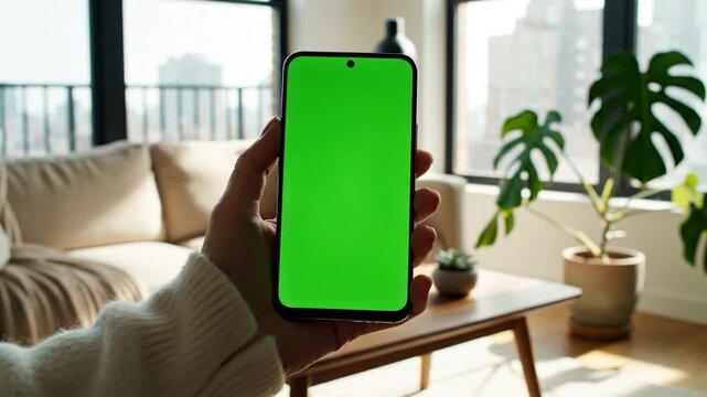 A person's hand holds a modern smartphone with a vibrant green screen in a sunlit living room with a sofa and plants visible in the background