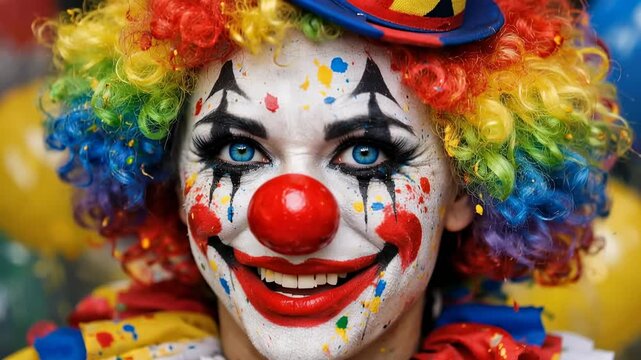 Colorful clown portrait with bright makeup red nose and rainbow wig festive fun expression close up