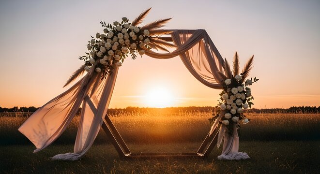 Hexagonal wedding arch decorated with white roses and pampas grass at sunset