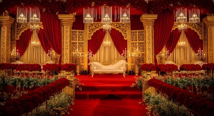 Fototapeta premium Luxurious wedding stage decoration with red drapes, golden pillars, and roses