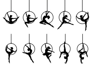 Dynamic black silhouettes of female aerial acrobats showcasing an array of captivating poses on the aerial hoop, embodying strength, grace, and artistic performance in a single collection © Tom