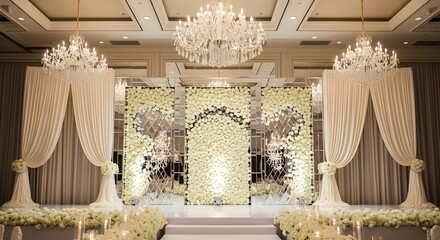 Obraz premium Luxury wedding stage decoration with white roses and crystal chandeliers