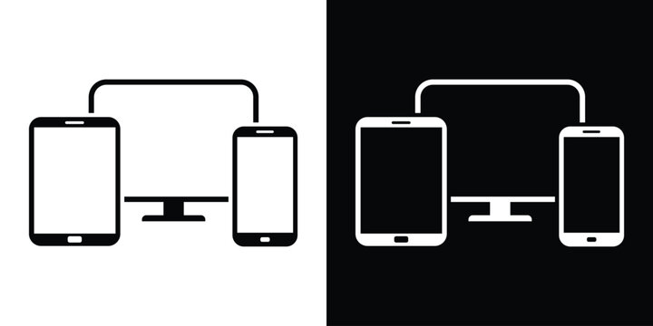 Laptop, tablet, and smartphone icons arranged together, symbolizing responsive design, cross-platform synchronization, digital connectivity, and modern workspace technology.