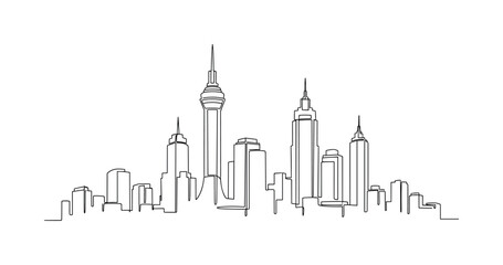 Obraz premium Urban Skyline View. Minimalistic one-line drawing city skyline with prominent towers and high-rises, continuous single black line on white background, simple