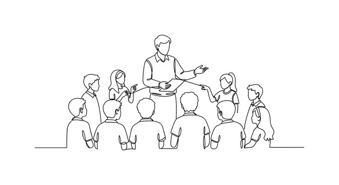 Equitable Classroom. Minimalistic one-line drawing teacher interacting equally with all students, continuous single black line on white background, simple