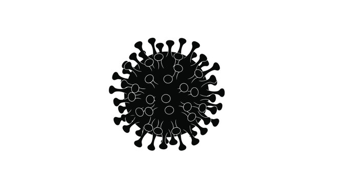 A black silhouette of a coronavirus particle is displayed against a stark white background high quality