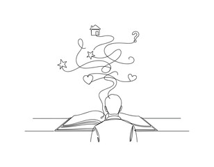 Fototapeta premium Narrative Planning. Minimalistic one-line drawing person connecting story elements visually above book, continuous single black line on white background,