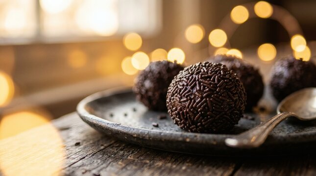 Festive Chocolate Brigadeiro Brazilian Treat with Light Bokeh, and Warm Ambience.