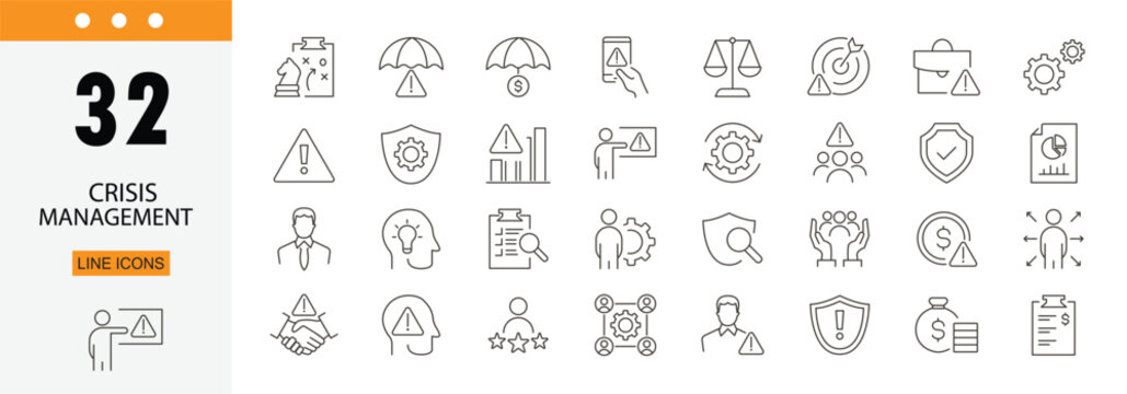 Crisis management icons set representing risk control, emergency response, problem solving, leadership and business recovery strategies in clean outline style. Editable Stroke