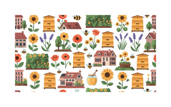 bee garden motifs seamless pattern, repeating pattern, surface design, textile print, modern illustration of beehives, bees, flowers, city rooftops, gardens,