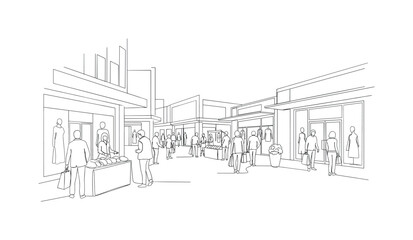Fototapeta premium Urban Retail. Minimalistic one-line drawing shoppers interacting with vendors while passing modern shops, continuous single black line on white background,