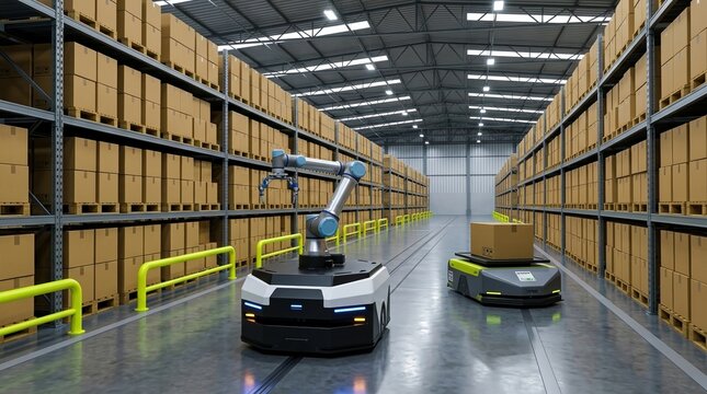 Warehouse robot, autonomous mobile robot, industrial automation, logistics, smart warehouse, robotic arm, distribution center with AI-driven AMRs for efficient package handling.