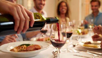 Obraz premium A person pouring a glass of red wine at a dinner table with a delicious meal and happy people in the background