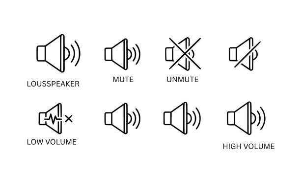 &ldquo;Speaker and volume icon set with mute, unmute, and loudspeaker symbols for audio control in video apps and web UI design&rdquo;