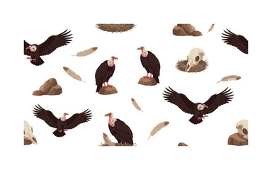 carrion birds patterns seamless pattern, repeating pattern, surface design, textile print, modern illustration of vultures flying, perched, desert rocks,