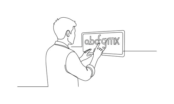 Type Setting. Minimalistic one-line drawing individual adjusting kerning and spacing of letters digitally, continuous single black line on white background,